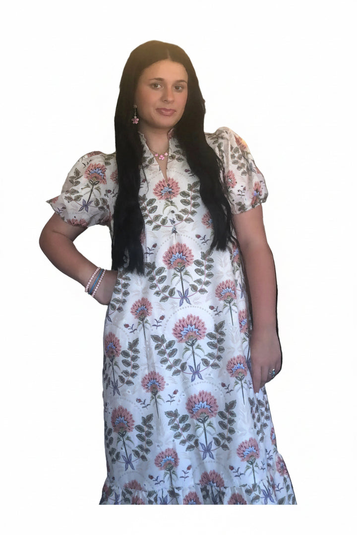 Entro Ecru Floral Print Midi Dress | Women’s Fall Dress - Vintage Dragonfly Boutique