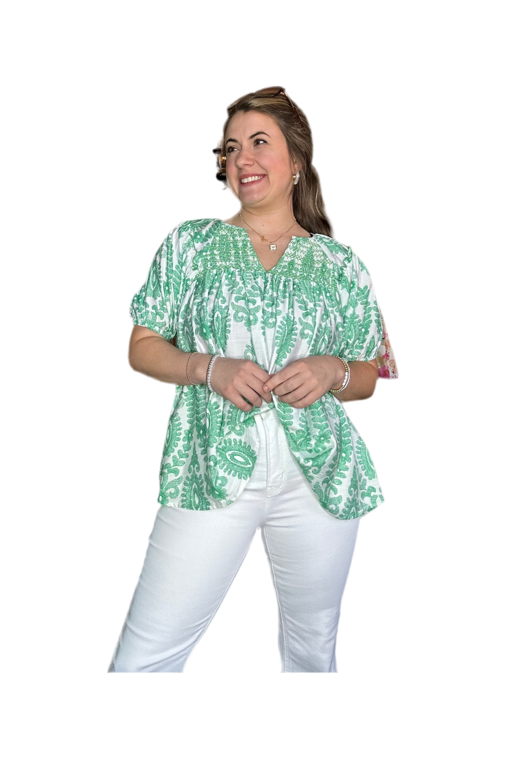 White with Green Smocked Short Puff Sleeve Top - Vintage Dragonfly Boutique