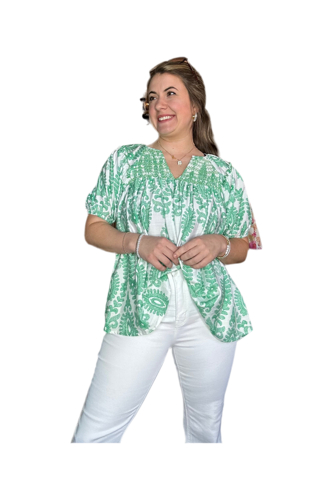 White with Green Smocked Short Puff Sleeve Top
