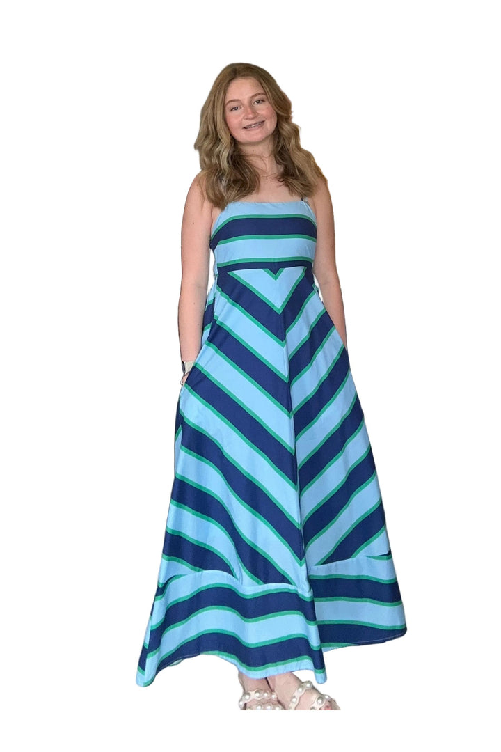 Entro Blue &amp; Green Chevron Stripe Midi Dress with Pockets – Lightweight Summer Maxi Dress - Vintage Dragonfly Boutique