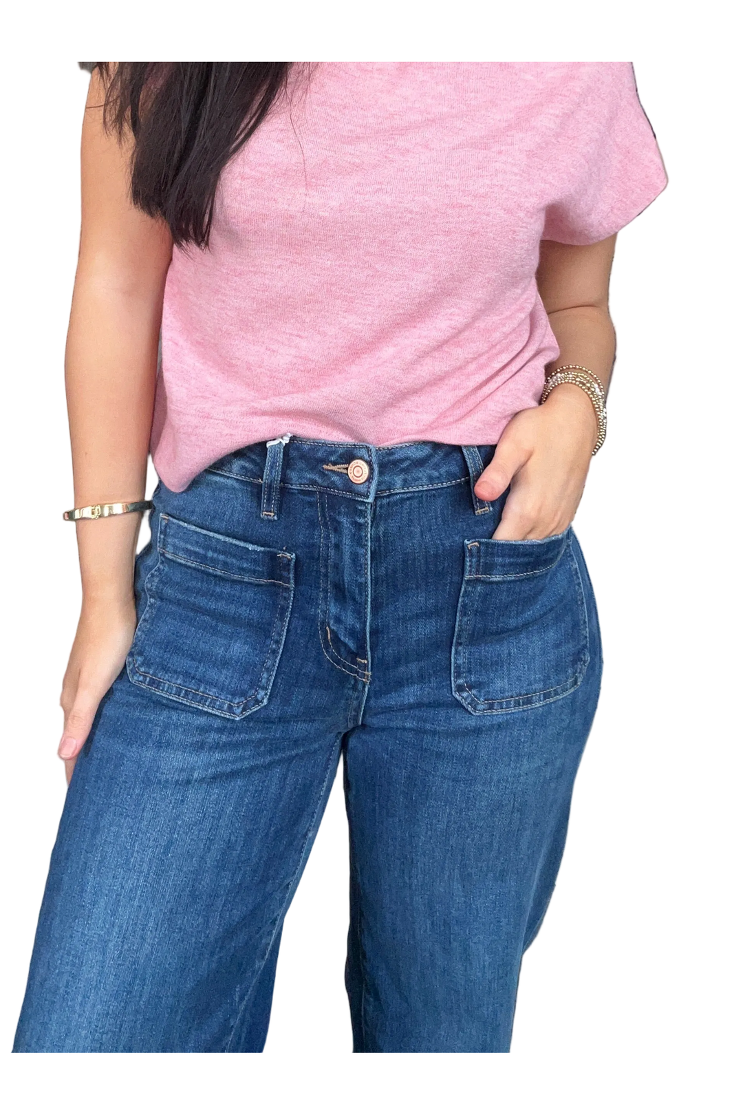 Flying Monkey High Rise Patch Pocket Wide Leg Jeans – Dark Wash Trouser Hem Denim - Vintage Dragonfly Boutique