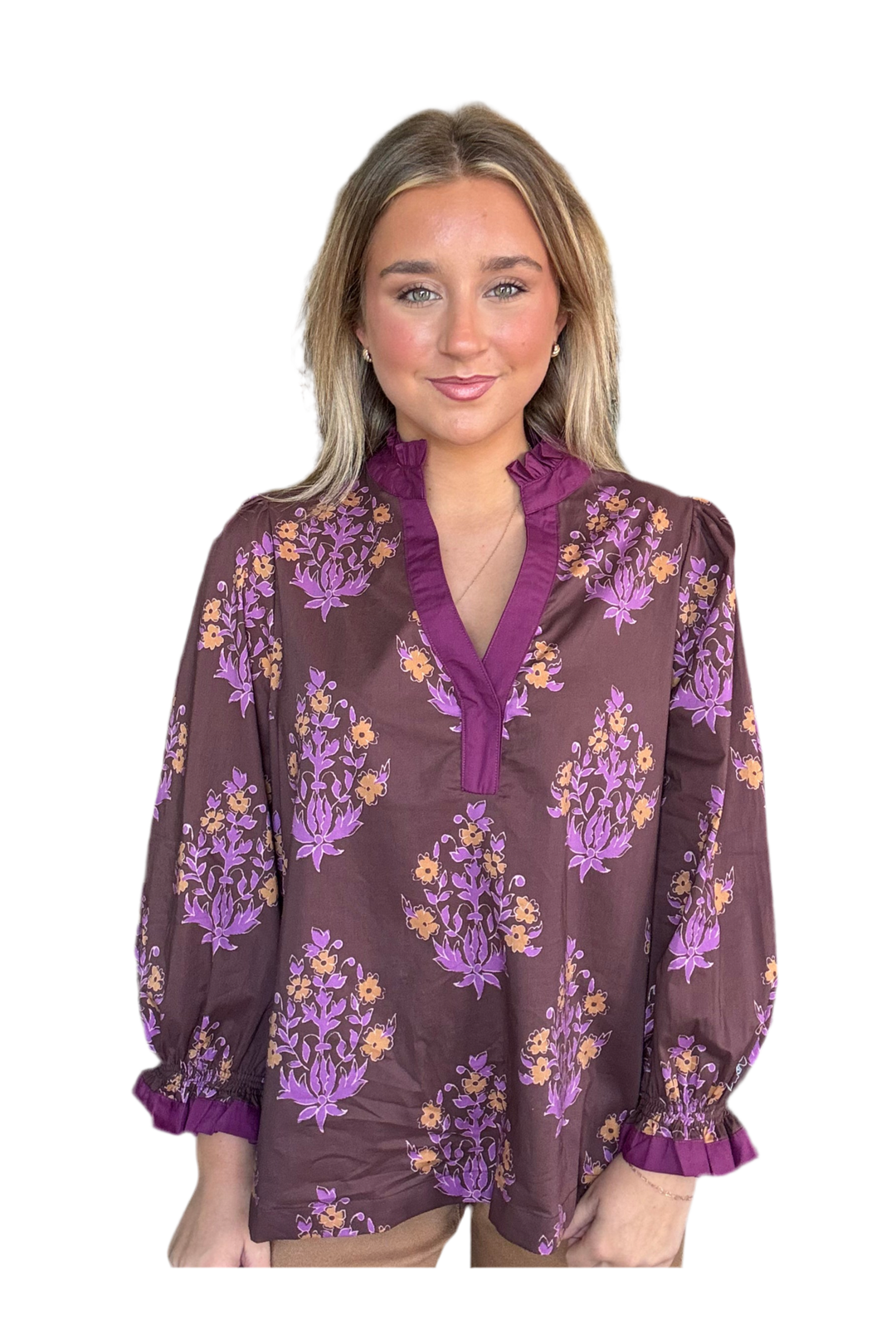 ENTRO Chocolate Floral 3/4 Sleeve Blouse – Lightweight & Feminine Style