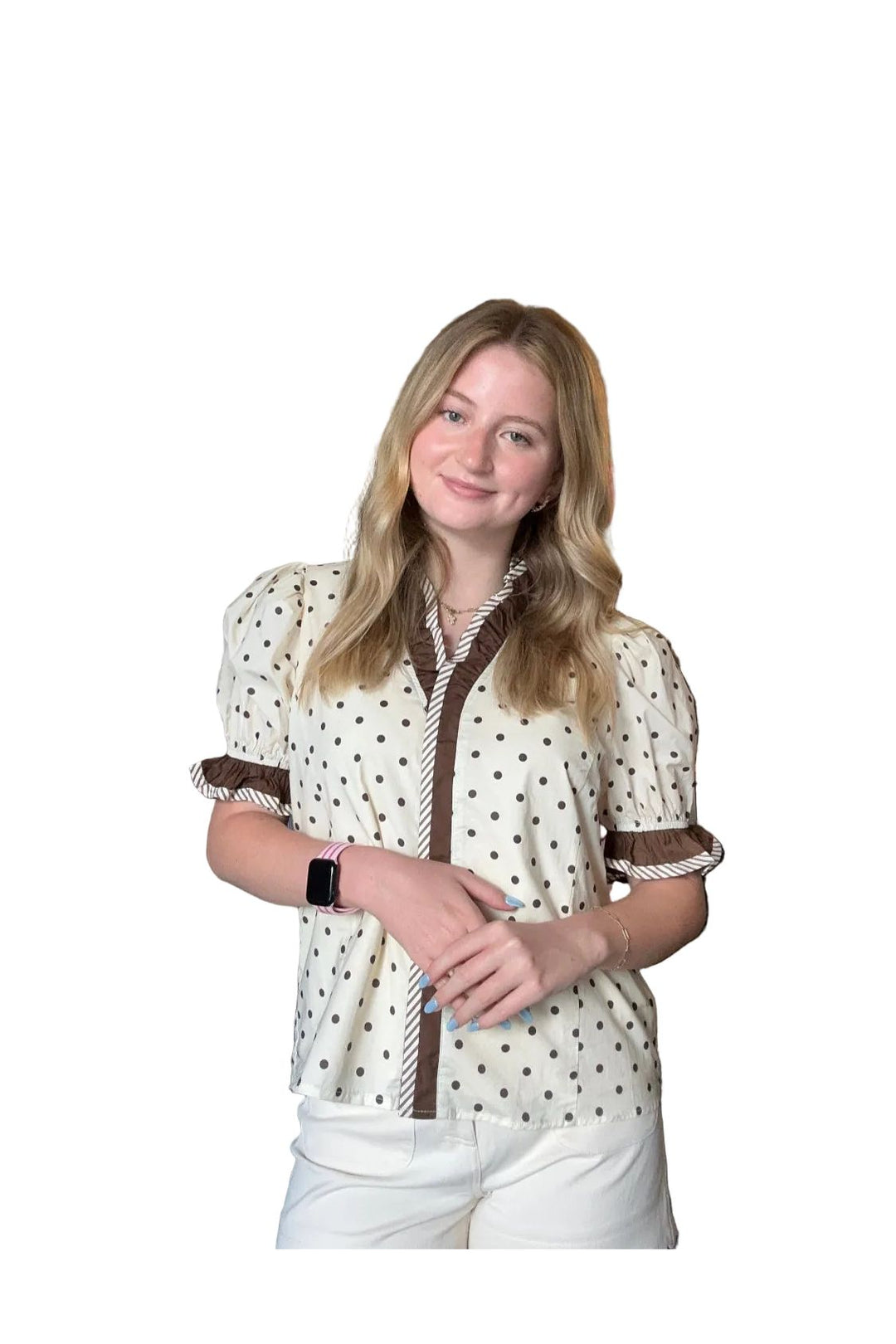 Entro Cream Polka Dot Puff Sleeve Blouse with Brown Trim - Vintage Dragonfly Boutique
