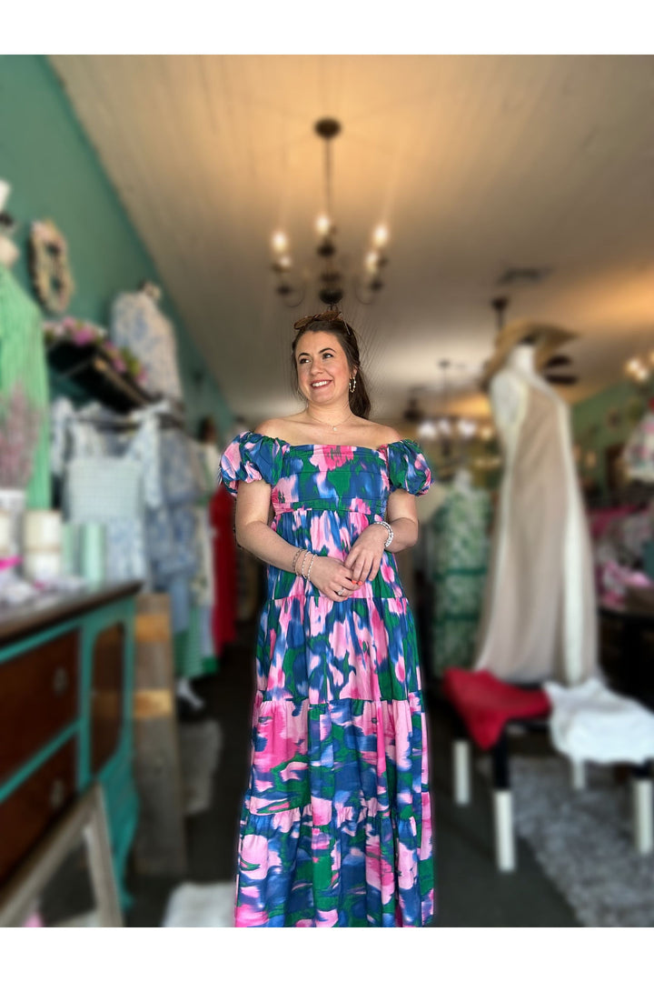 Blue Pink and Green Poplin Print Midi Dress - Vintage Dragonfly Boutique