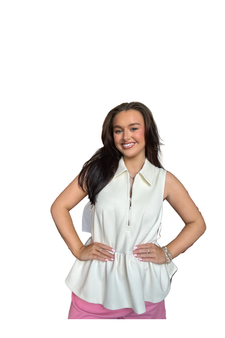 Entro Sleeveless Collared Peplum Top – Lightweight Cream Blouse for Women - Vintage Dragonfly Boutique