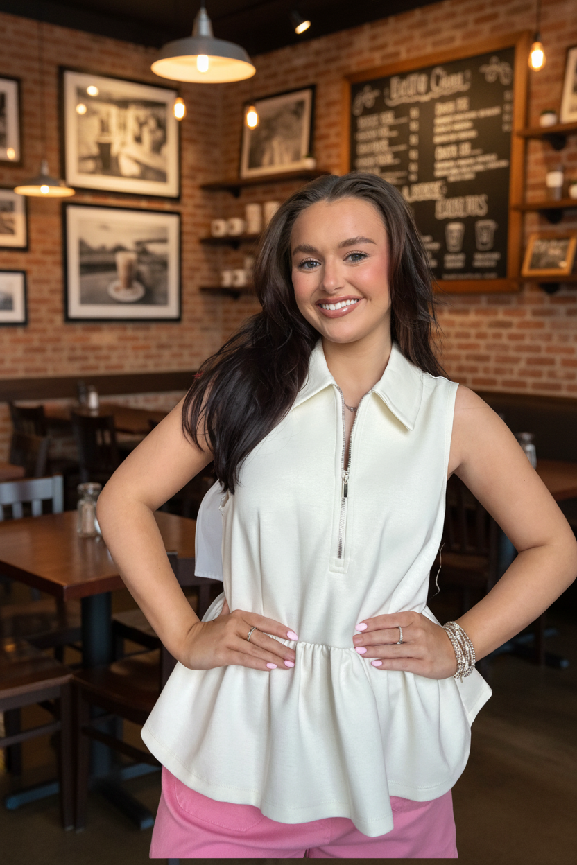Entro Sleeveless Collared Peplum Top – Lightweight Cream Blouse for Women - Vintage Dragonfly Boutique