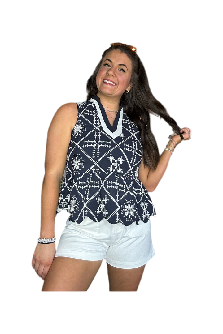 Navy Abstract Pattern Peplum Top