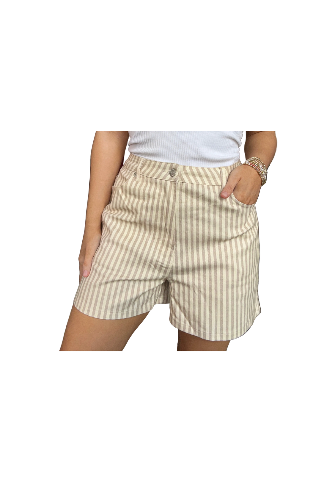 Entro Navy &amp; Tan Striped Classic Shorts - Vintage Dragonfly Boutique
