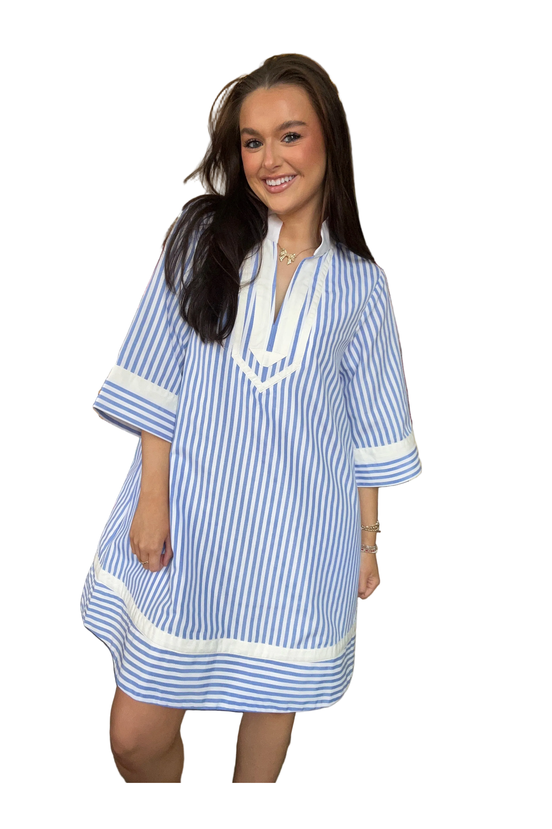 entro blue and white dress Entro Blue and White Striped Button Up Shirt Dress Aurea Lux Collective