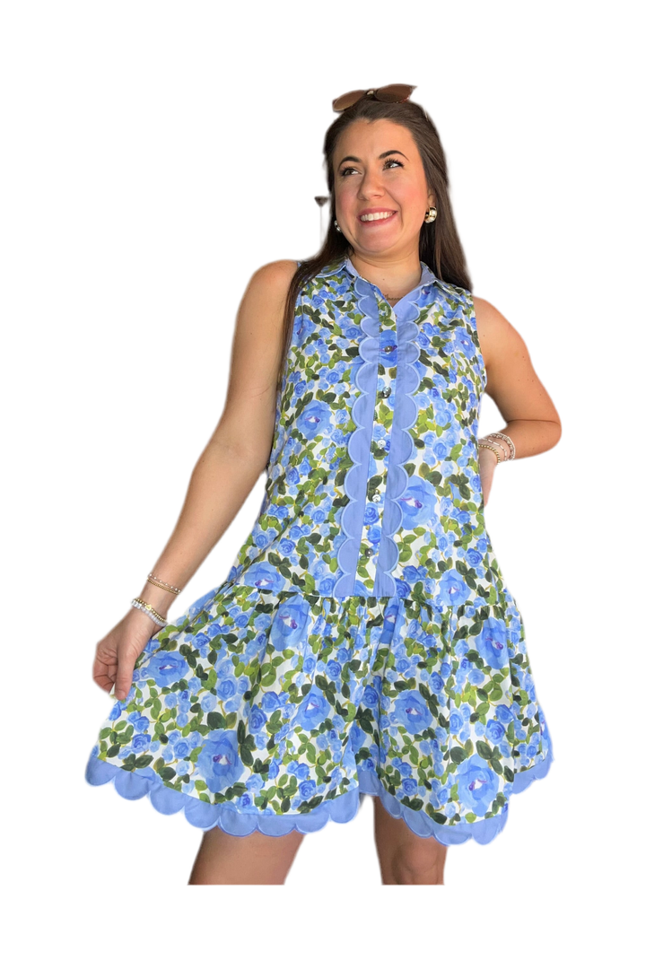 Blue Floral Print Sleeveless Mini Dress