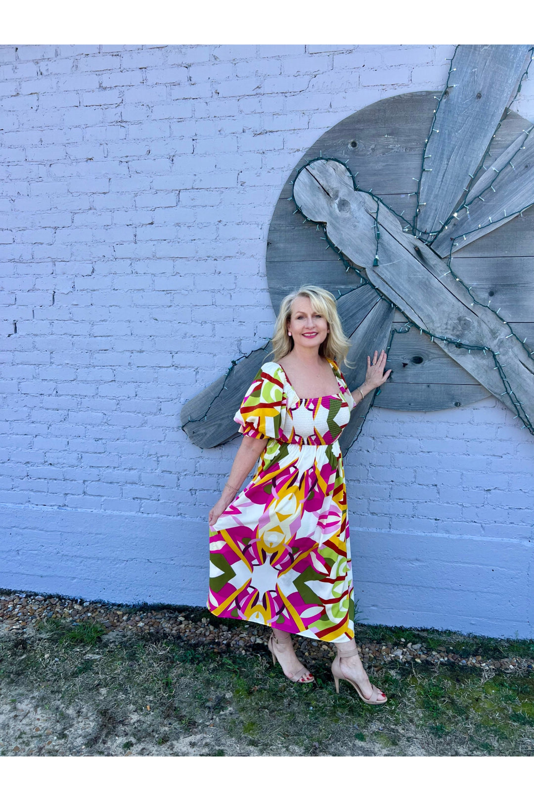 Tess Fuchsia and Moss Green Abstract Pattern Midi Dress - Vintage Dragonfly Boutique