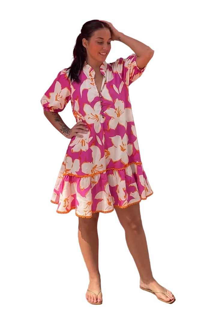 Entro Tropical Floral Mini Dress – Pink Floral Button Front Dress - Vintage Dragonfly Boutique