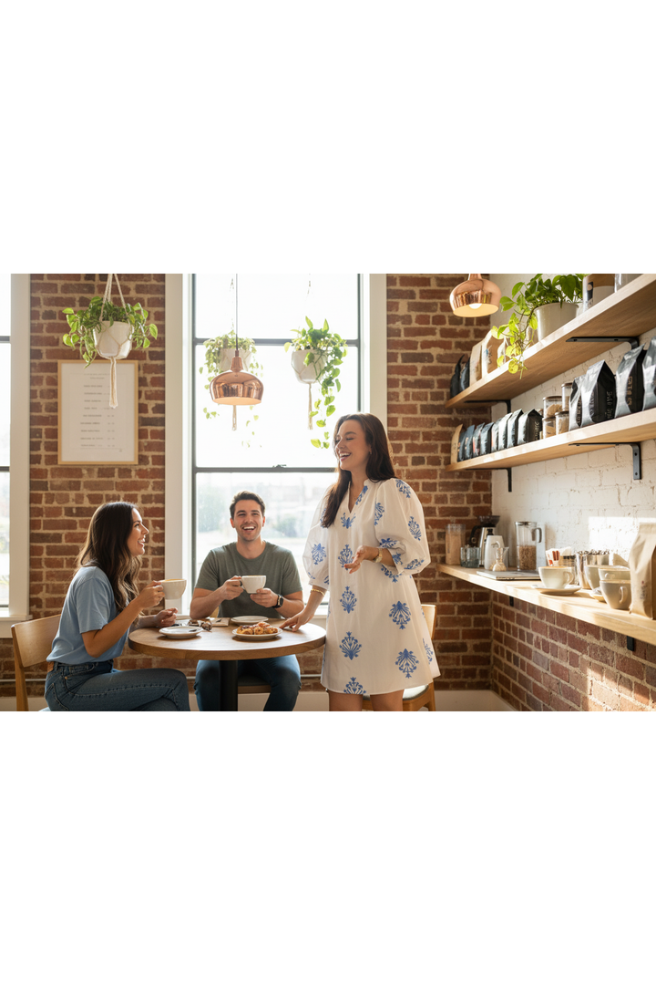 White Mini Dress with Blue Embroidery by Entro - Vintage Dragonfly Boutique