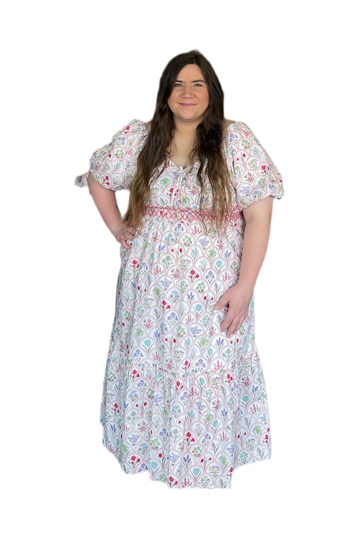 Entro V-neck Floral Pattern Puff Sleeve Maxi Dress - Vintage Dragonfly Boutique