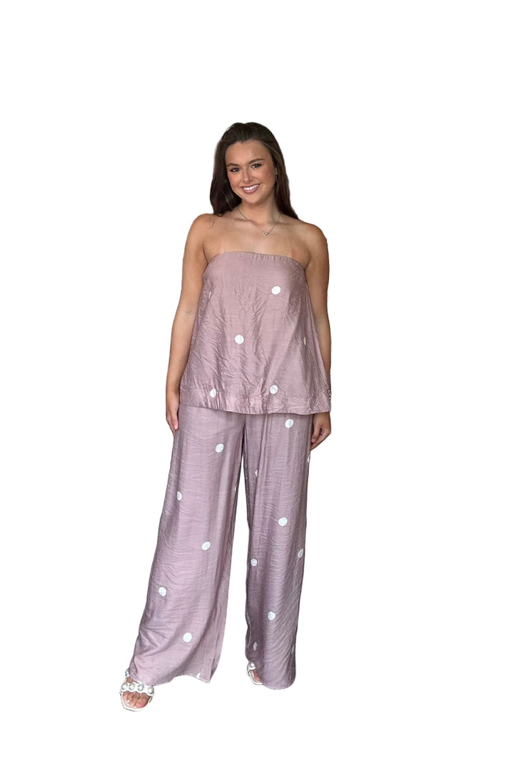 Entro Mocha Polka Dot Strapless Top &amp; Wide Leg Pant Set - Vintage Dragonfly Boutique