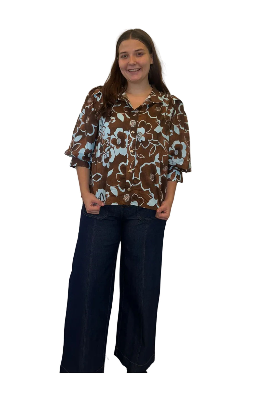 Entro Chocolate Brown &amp; Blue Floral Button-Up Blouse