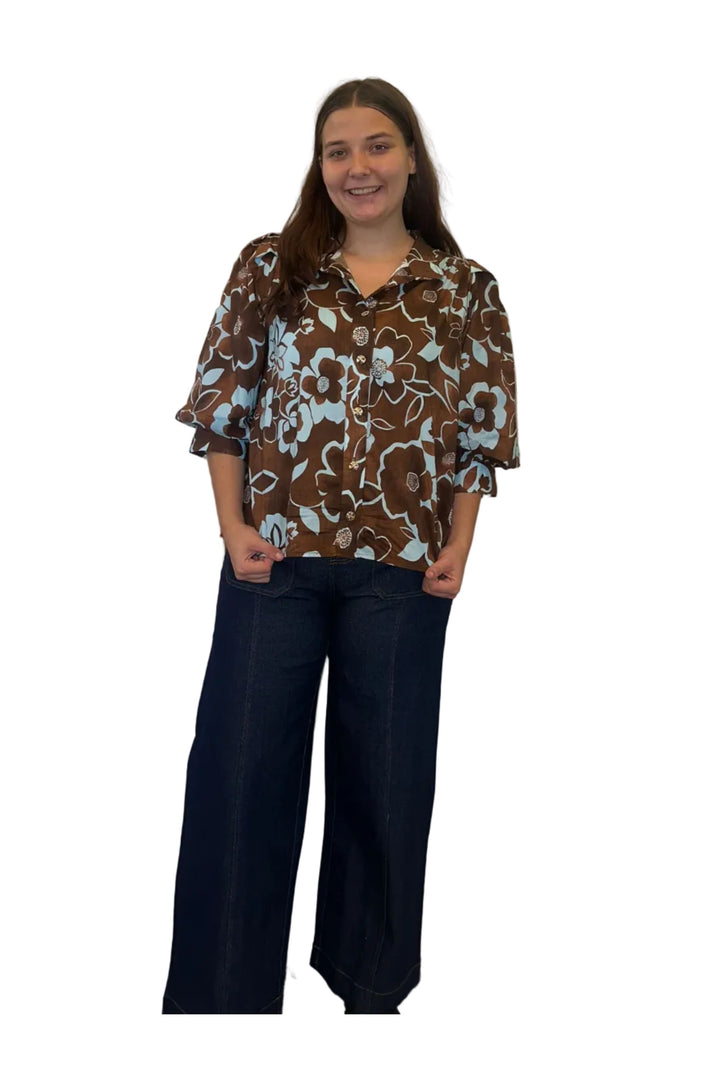 Entro Chocolate Brown &amp; Blue Floral Button-Up Blouse