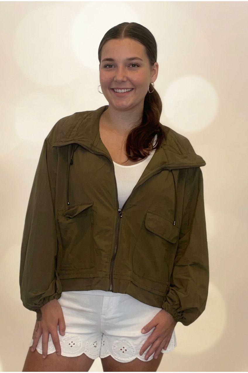 Entro Olive Lightweight Drawstring Windbreaker - Vintage Dragonfly Boutique