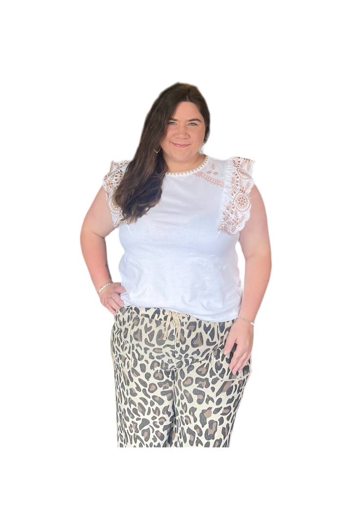 White Embroidered Knit Cap Sleeve Top