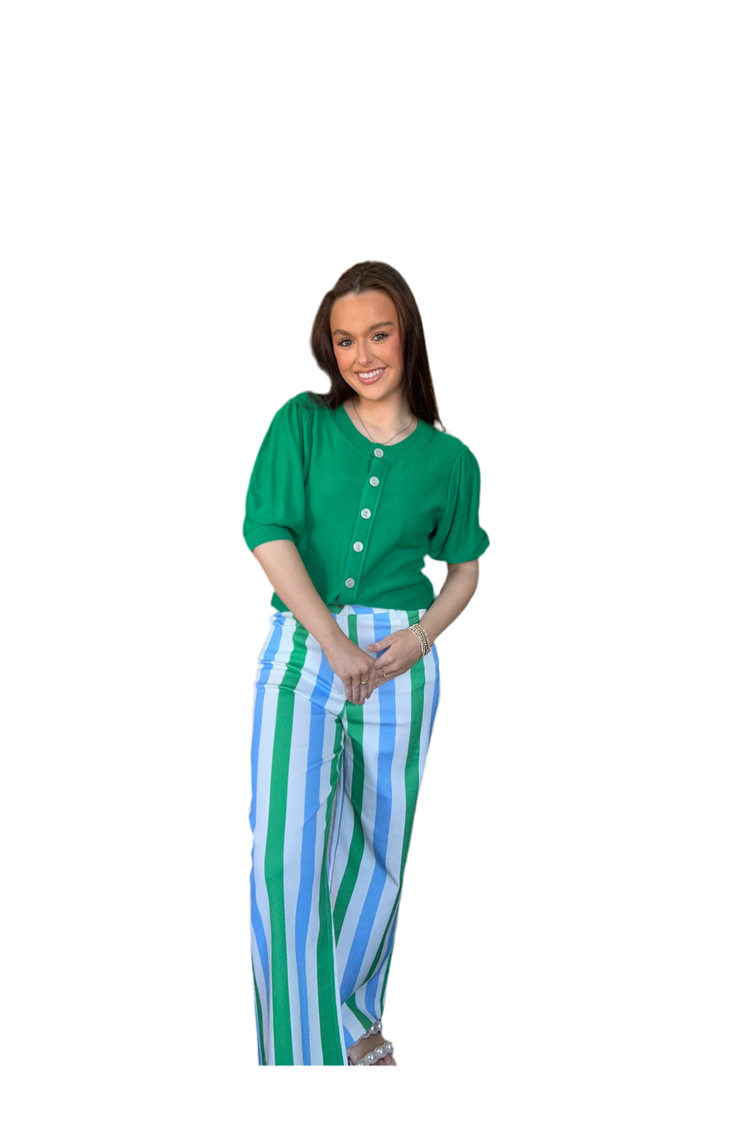 Entro Blue Green White Striped Pants with Classic Jean Pockets - Vintage Dragonfly Boutique