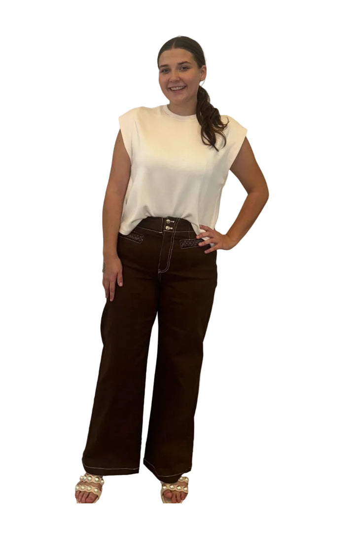 Entro Brown Contrast Stitch Wide Leg Pants
