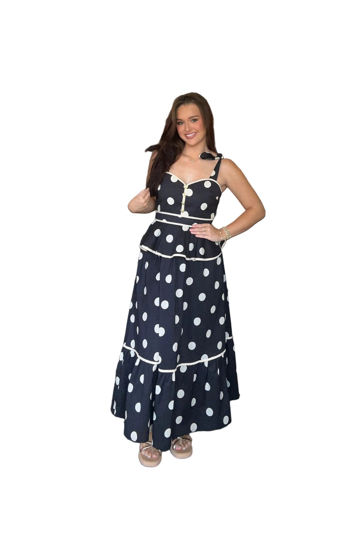 Entro Black and White Polka Dot Peplum Midi Dress - Vintage Dragonfly Boutique