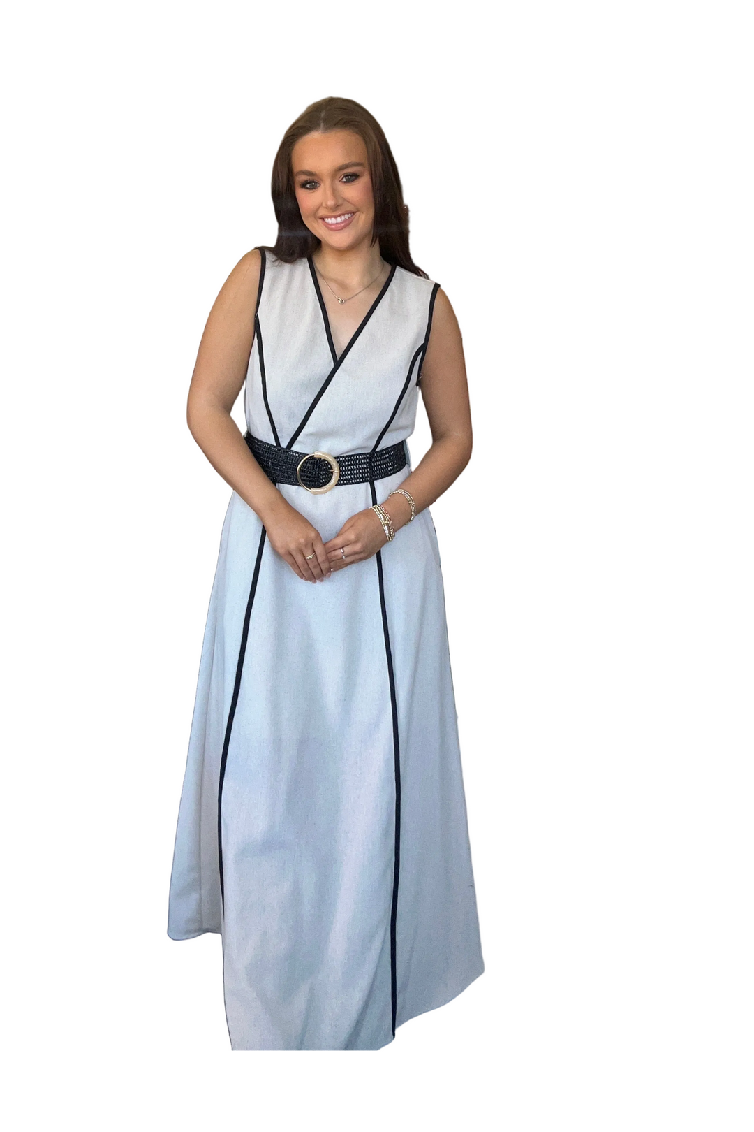 Natural Color Midi Dress with Black Belt | Linen Blend V-Neck Dress by Entro - Vintage Dragonfly Boutique