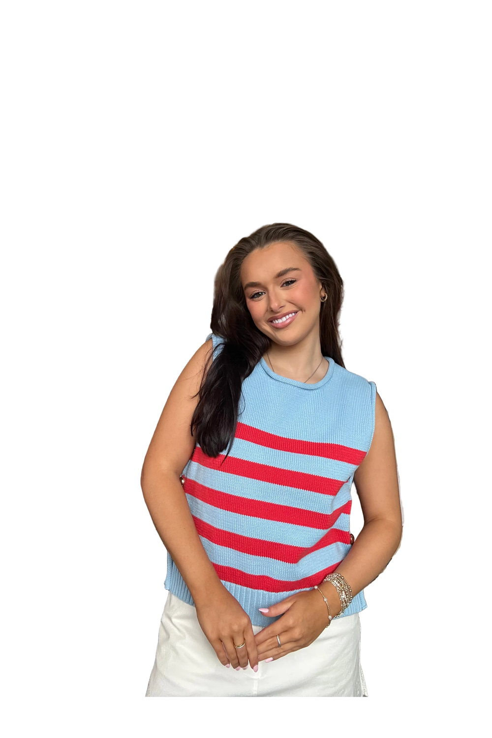 Entro Blue & Red Striped Sweater Vest with Gold Button Detail - Vintage Dragonfly Boutique