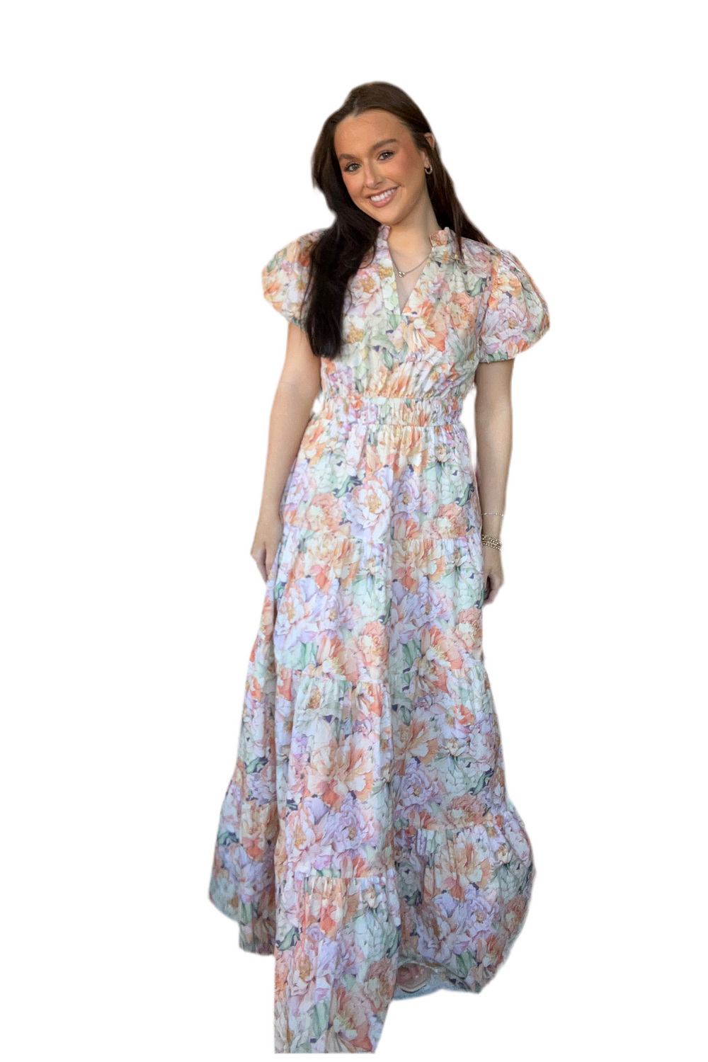 Entro Cream Floral Mix  Bubble Sleeve Tiered Midi Dress - Vintage Dragonfly Boutique