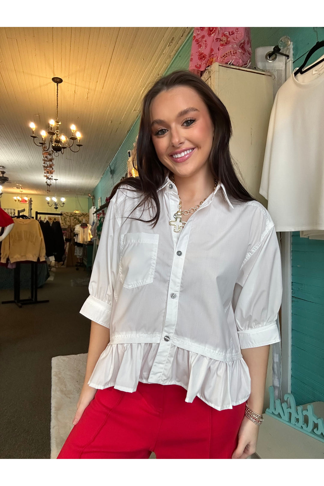 Entro Solid Print  3/4 L Sleeve Ruffle Hem Top