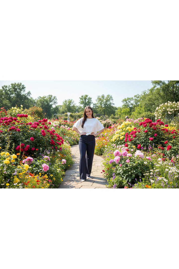 Entro Navy High-Rise Wide-Leg Pants with Front Seam Detail + Stretch