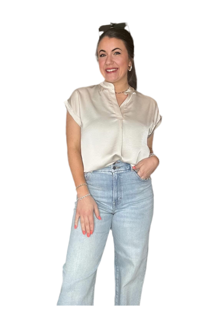 Round Collar Short Sleeve Vneck Top - Vintage Dragonfly Boutique
