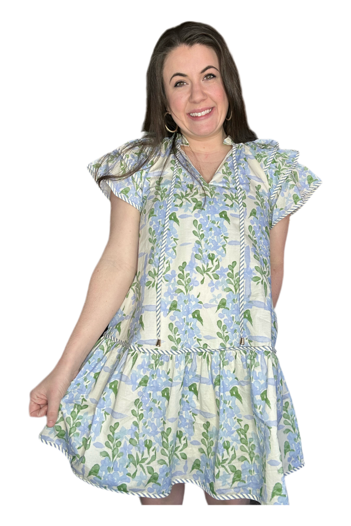 Entro Baby Blue and Cream Floral Pattern Dress - Vintage Dragonfly Boutique