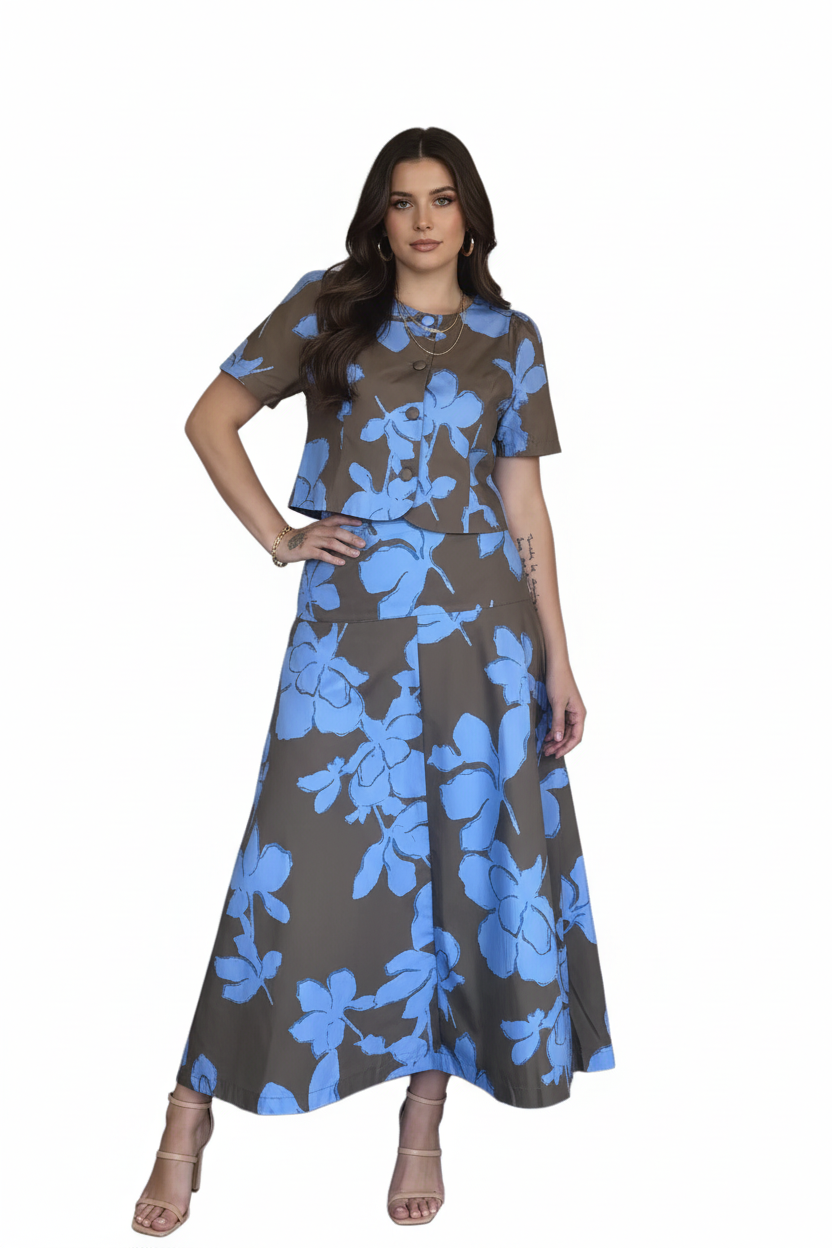 Entro Blue Floral Chocolate Brown Midi Skirt - Vintage Dragonfly Boutique