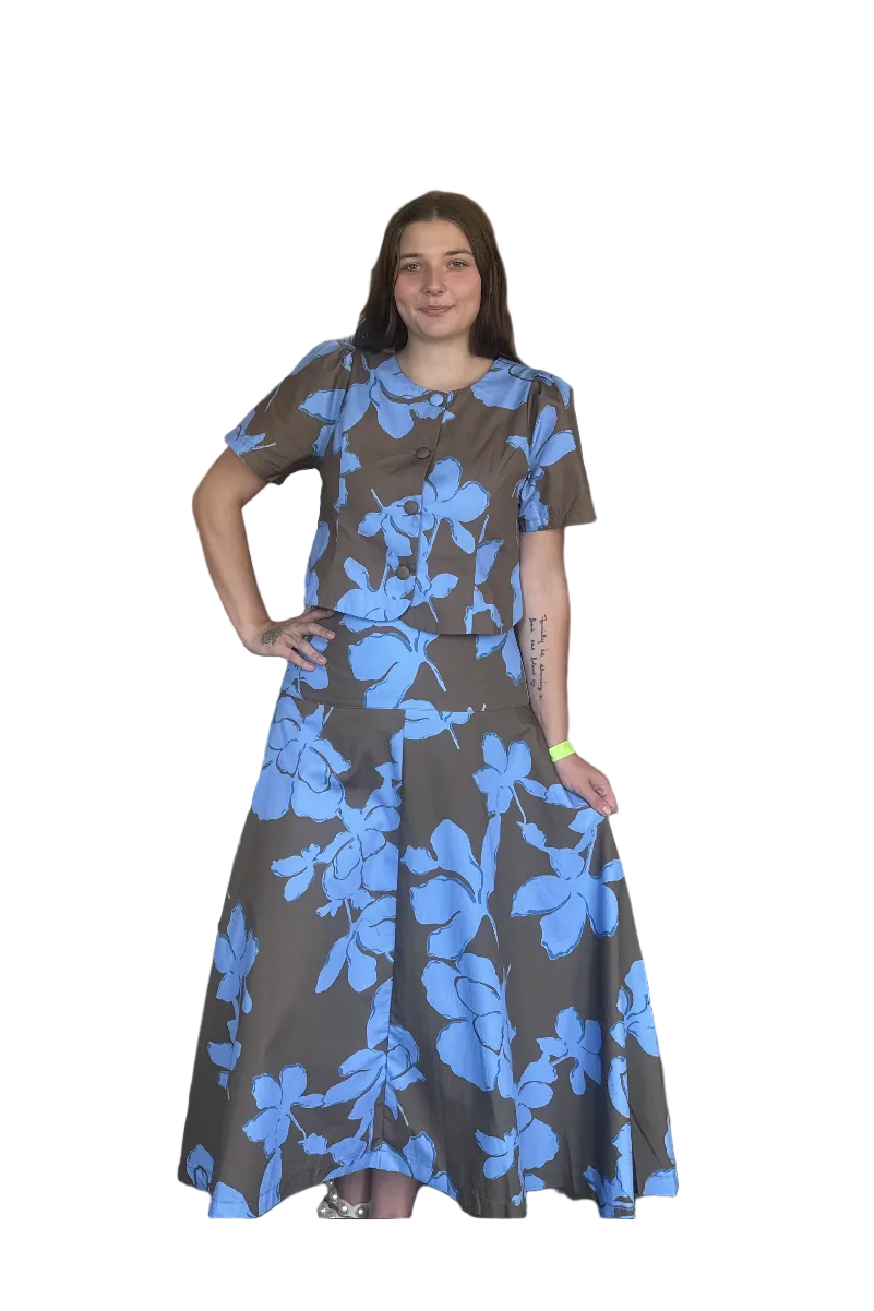 Entro Blue Floral Chocolate Brown Midi Skirt
