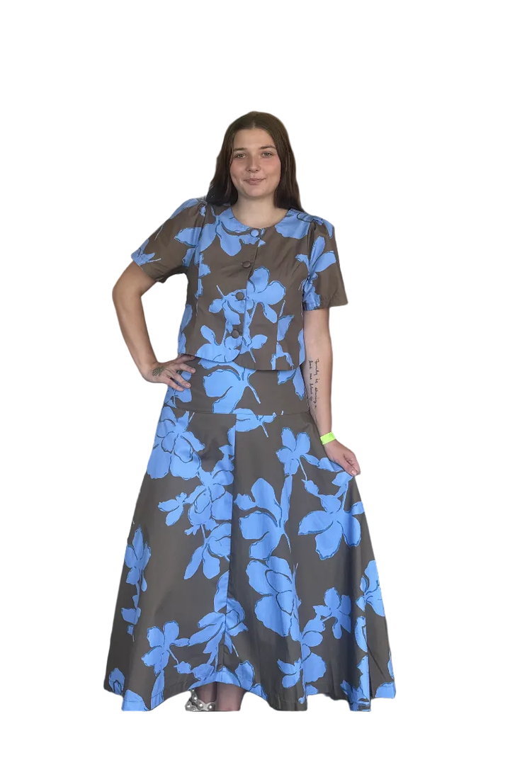 Entro Blue Floral Chocolate Brown Midi Skirt