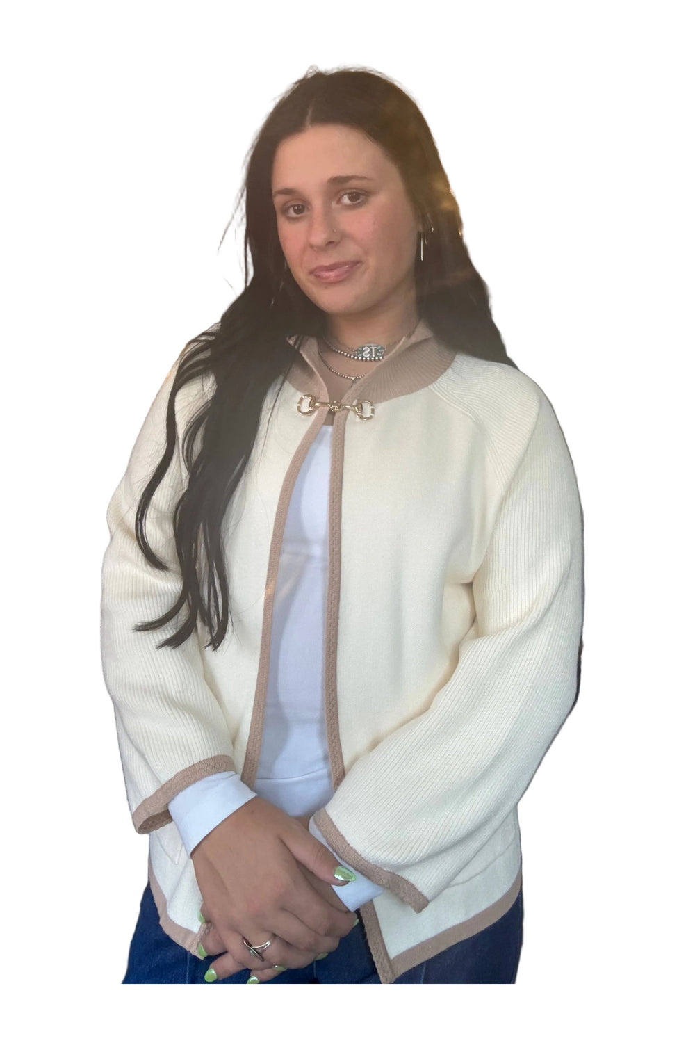 Entro Cream Contrast Trim Horse But Detail Cardigan - Vintage Dragonfly Boutique