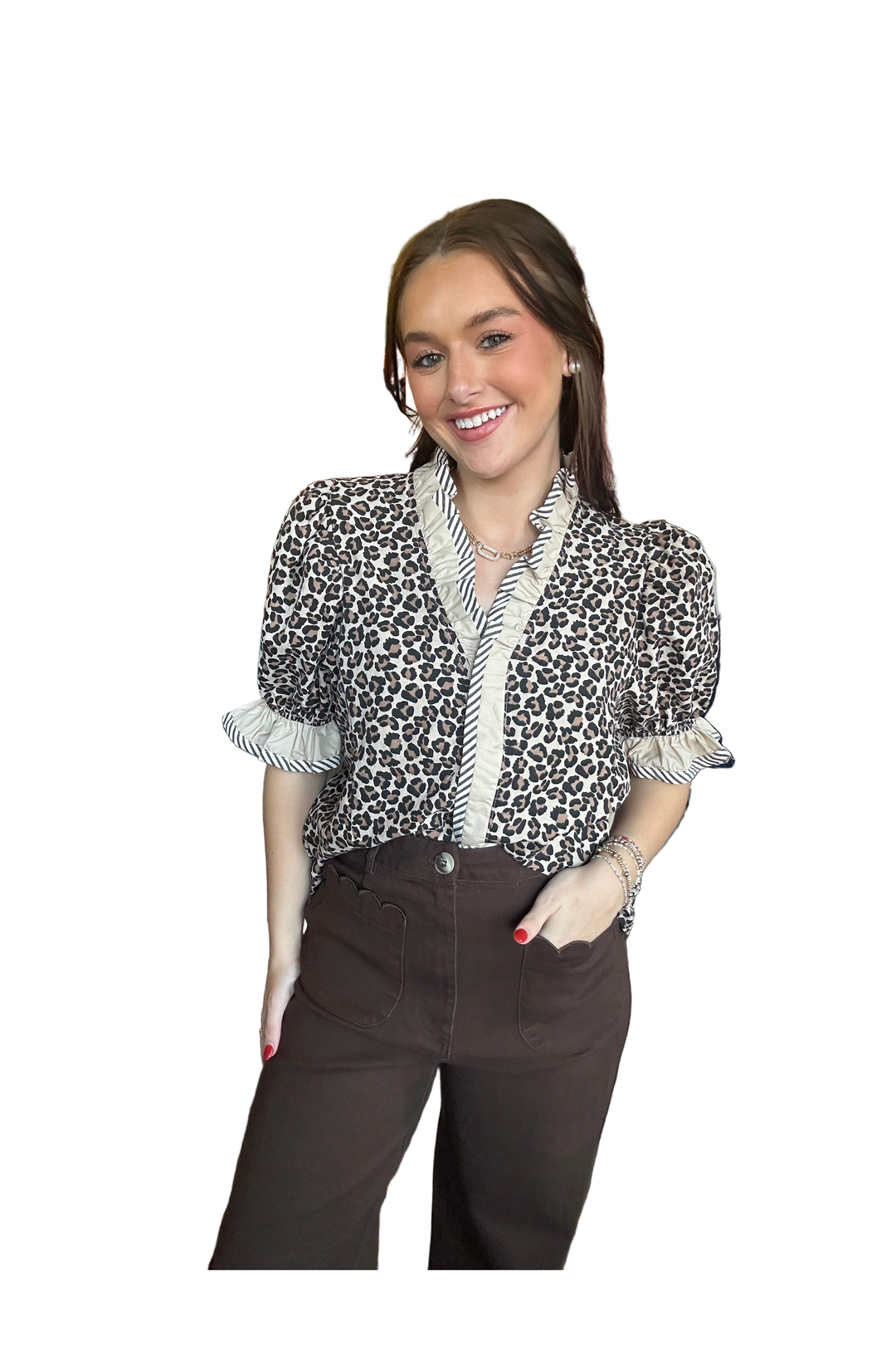 Entro High-Waisted Wide Leg Pants with Scalloped Trim – Cotton Spandex Blend