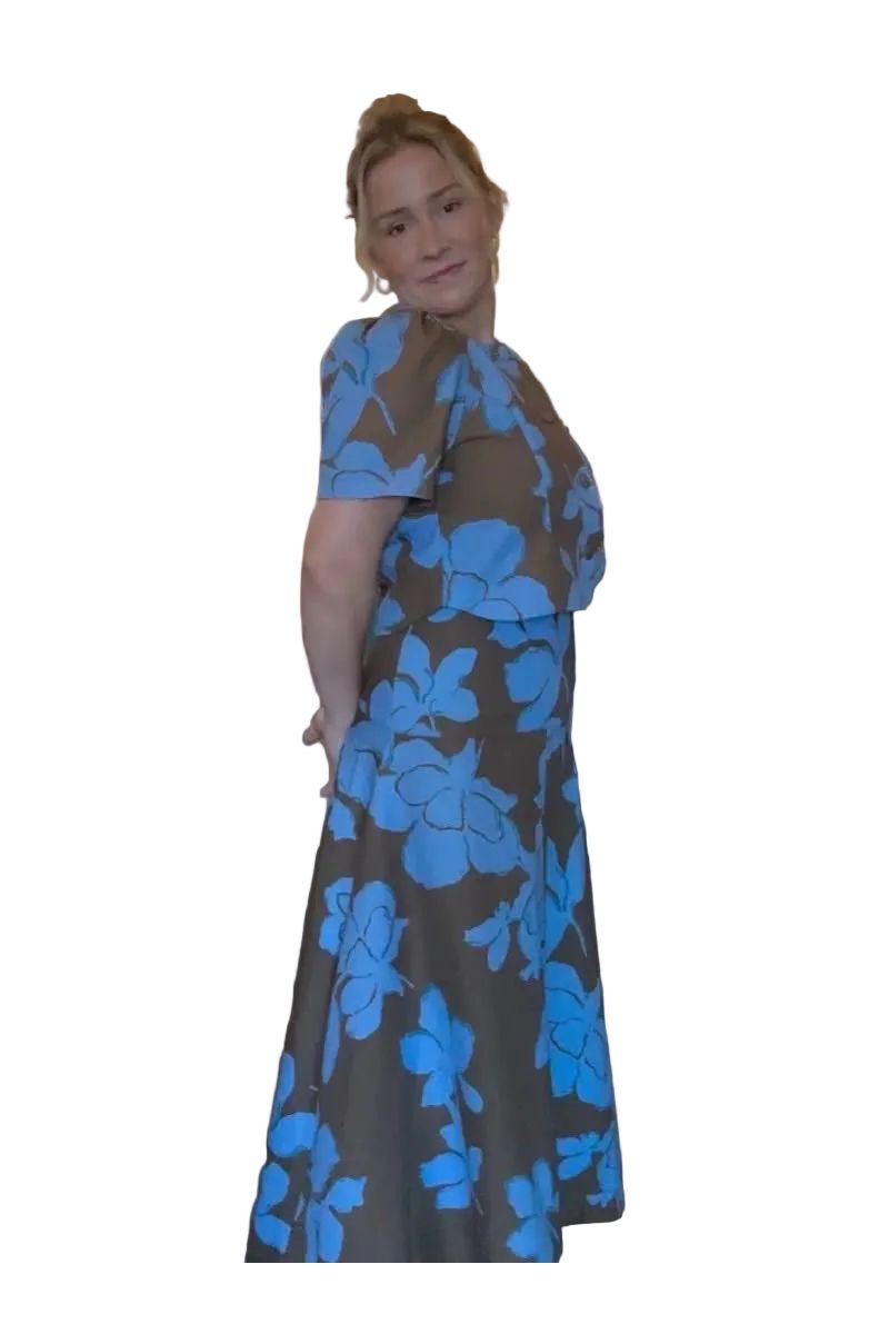 Entro Blue Floral Chocolate Brown Midi Skirt - Vintage Dragonfly Boutique