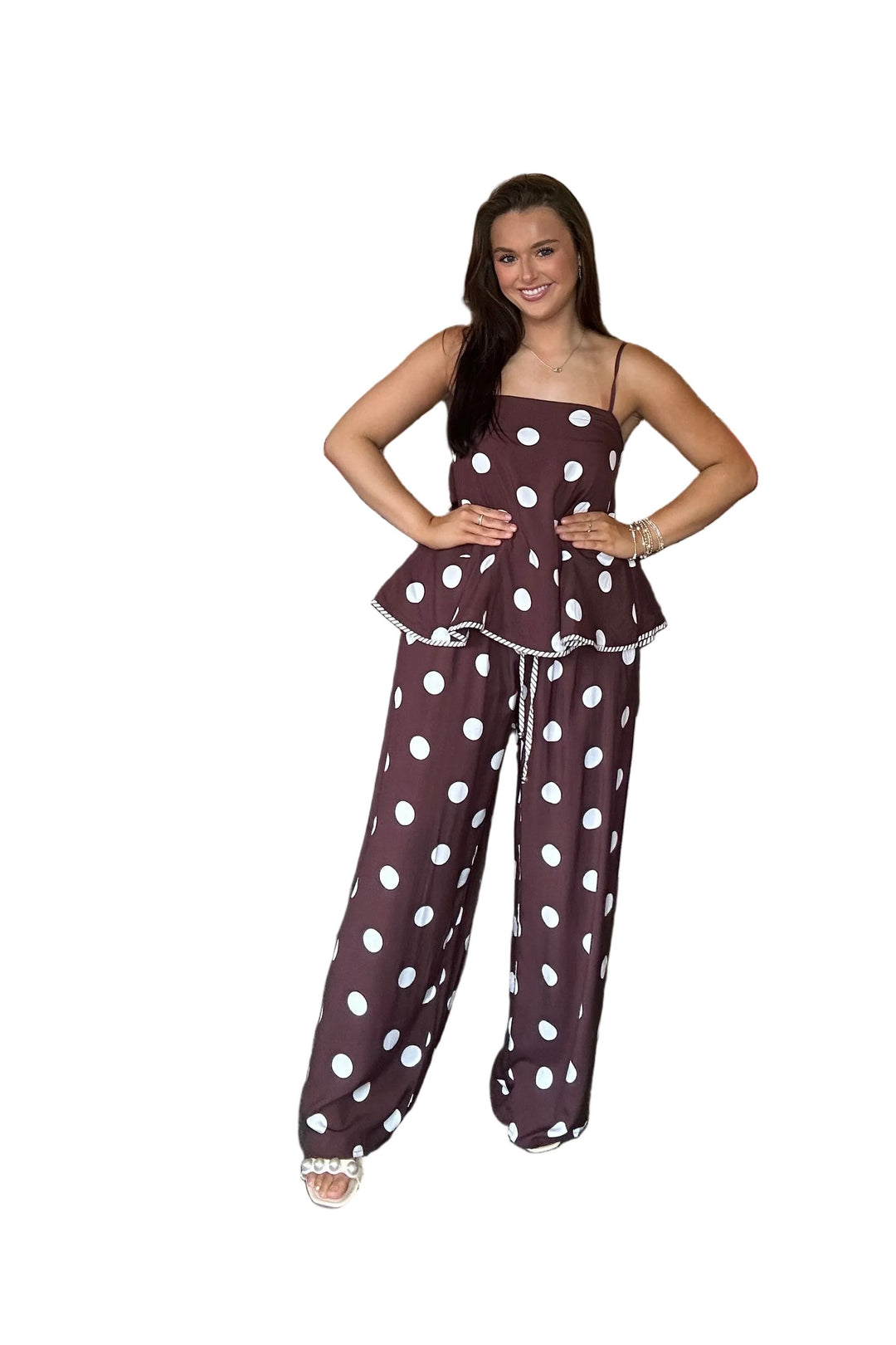 Entro Brown Polka Dot Wide Leg Pants - Vintage Dragonfly Boutique