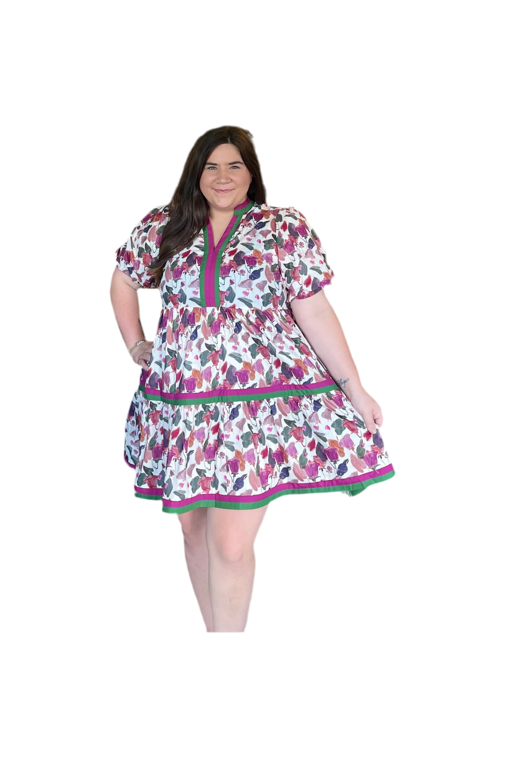 Woman wearing a floral dress on a white background