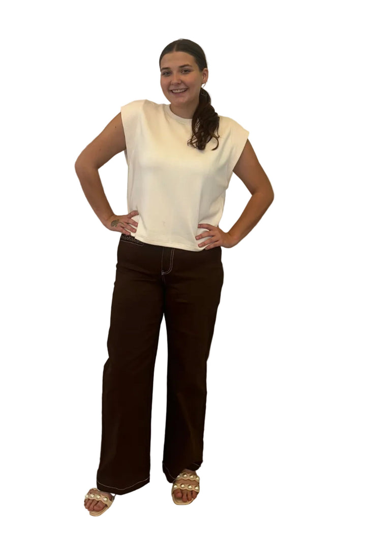 Entro Brown Contrast Stitch Wide Leg Pants