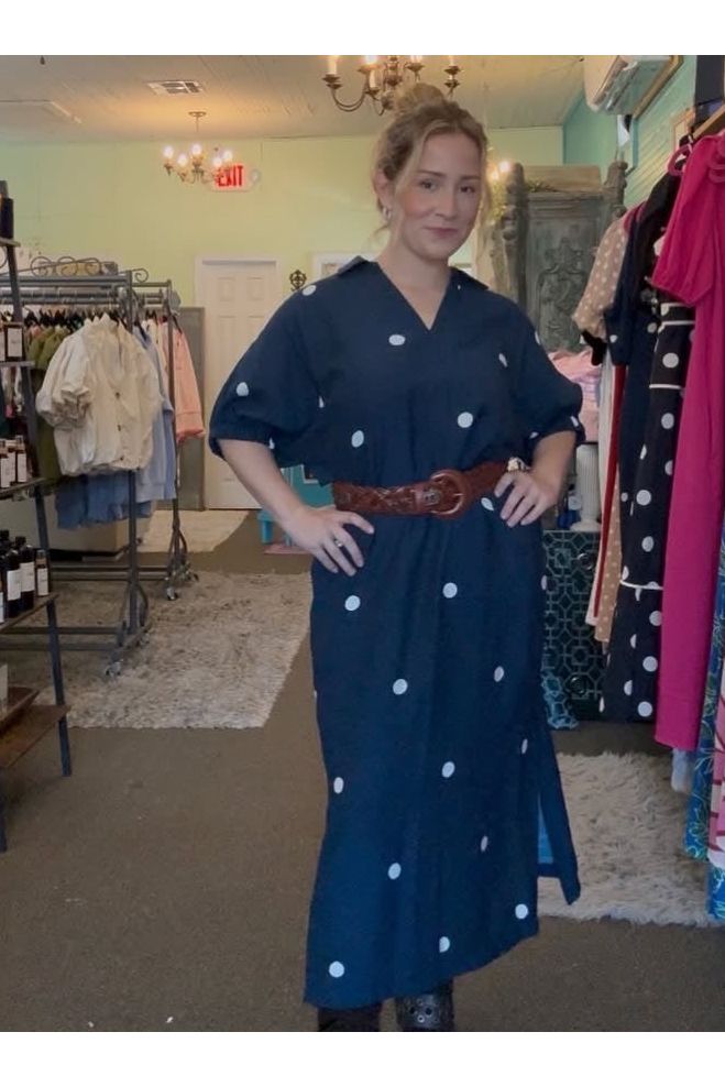 Entro Navy Polka Dot Midi Dress | Classic Women’s Boutique Dress - Vintage Dragonfly Boutique