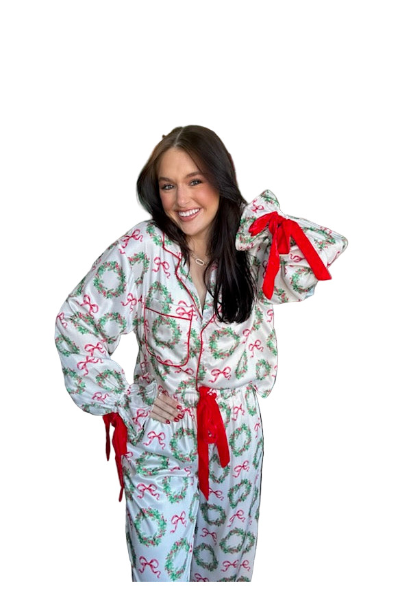 Satin Christmas Pajama Set with Velvet Ties – Long Sleeve Loungewear by Peach Love