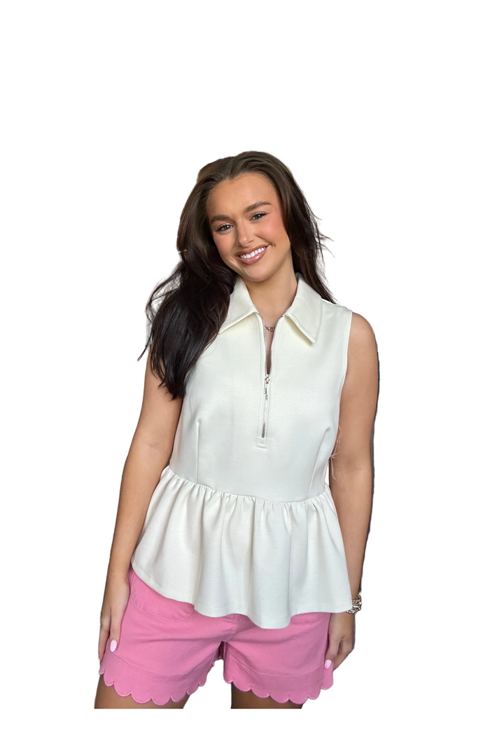 Entro Sleeveless Collared Peplum Top – Lightweight Cream Blouse for Women - Vintage Dragonfly Boutique