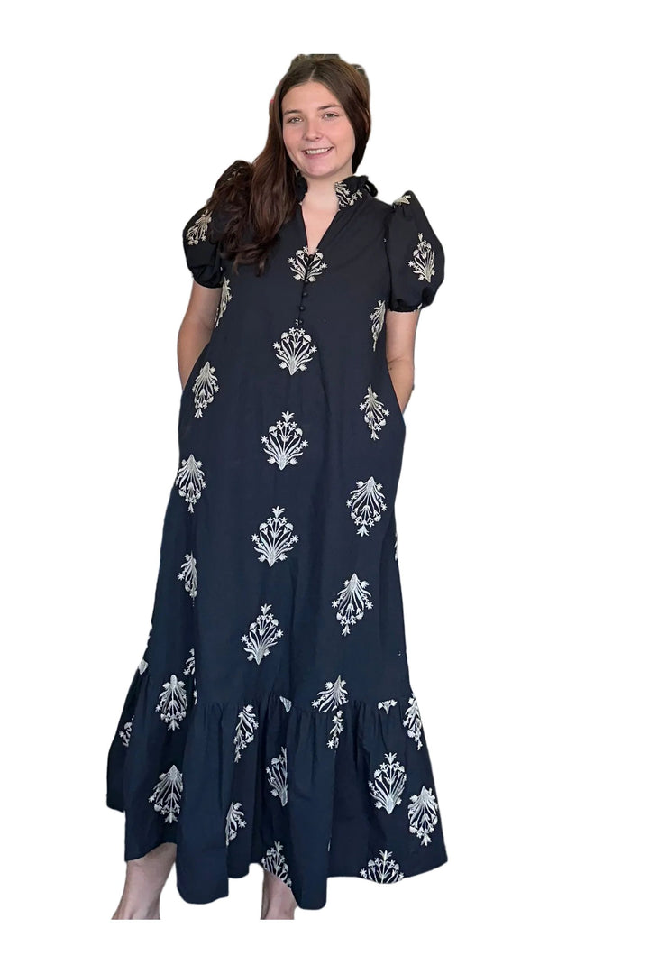 Entro Black Embroidered Puff Sleeve Maxi Dress