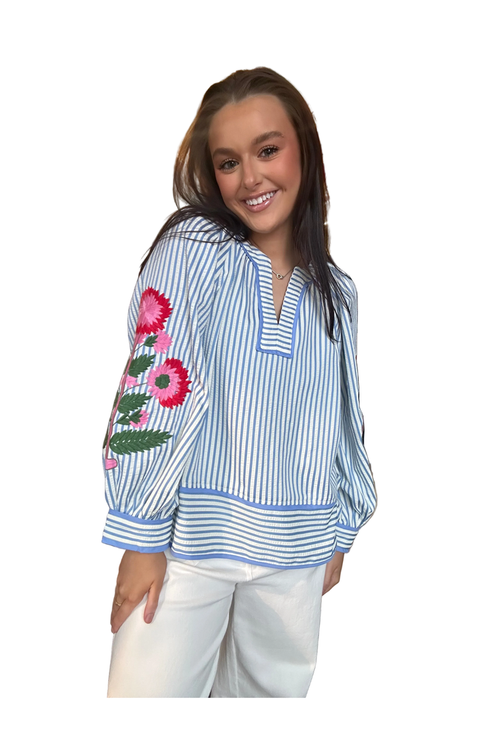Entro Embroidered Striped Split Neck Top | Available in Blue & Pink
