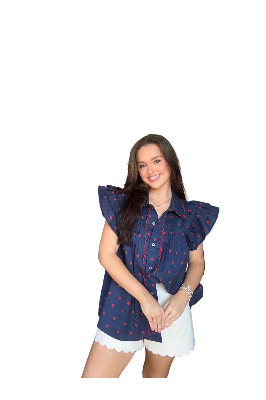 Entro Navy and Red Ruffle Sleeve Button-Down Blouse - Vintage Dragonfly Boutique