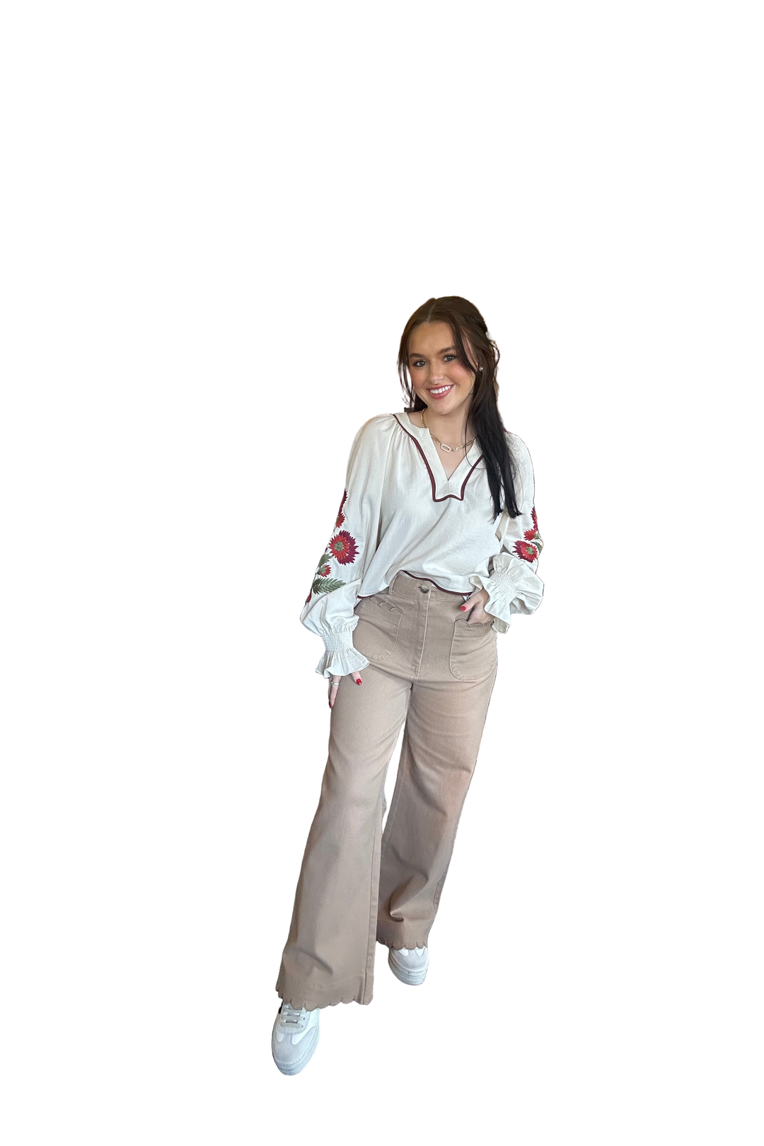 Entro High-Waisted Wide Leg Pants with Scalloped Trim – Cotton Spandex Blend