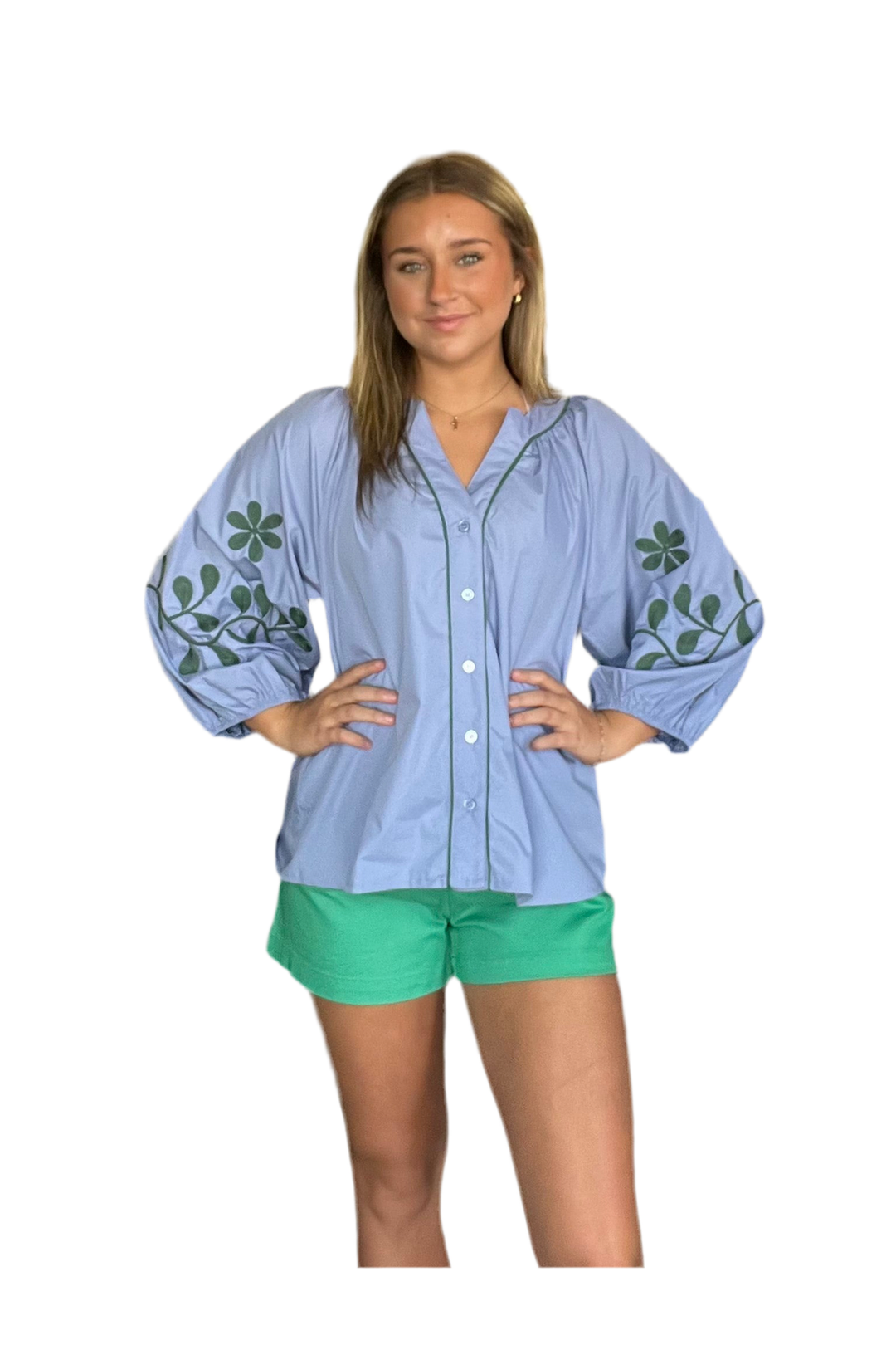 Slate Blue Embroidered V-Neck Top – Chic Everyday Style for Women - Vintage Dragonfly Boutique